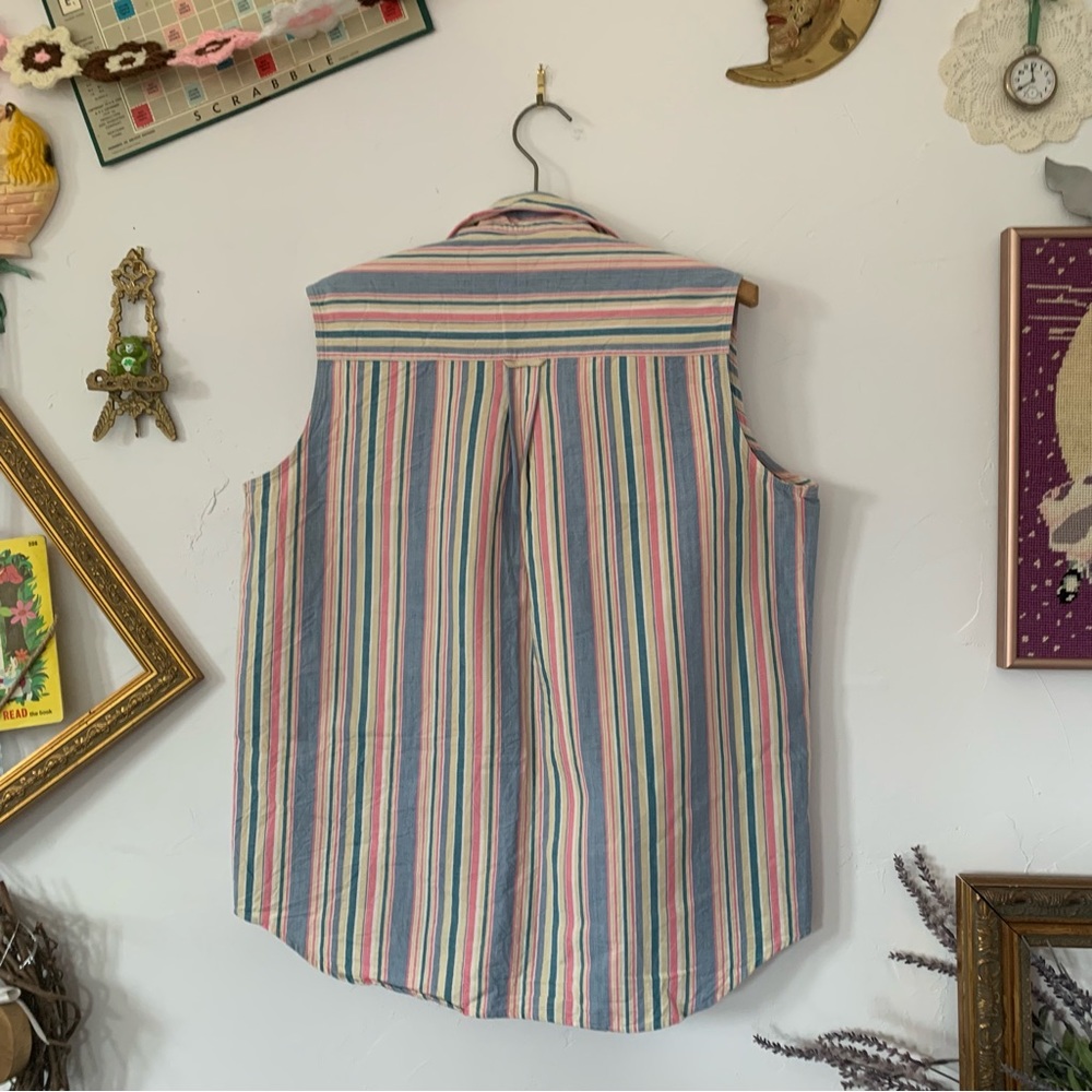 Vintage Sleeveless Unisex Vest Candy Pastel Pint Stripe Sleeveless Button Up XL - Picture 3 of 3